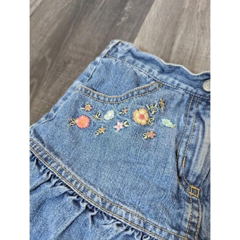 Gymboree Vintage embroidered floral ruffle denim jean skort shorts skirt girls 4